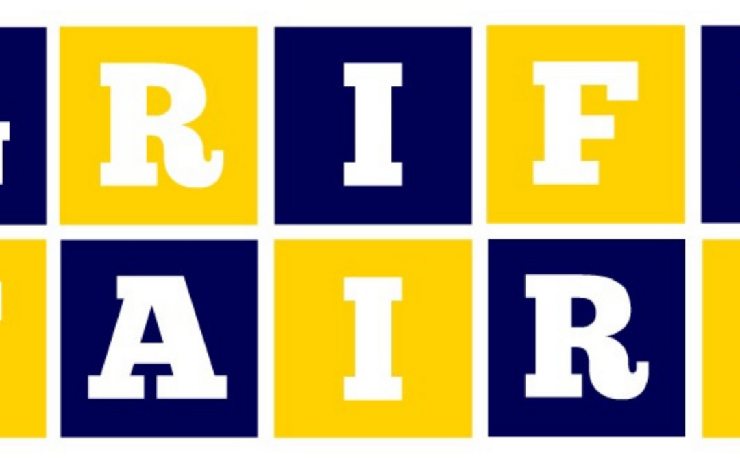 Stylized white text "Griff Fair" in alternating blue and yellow boxes