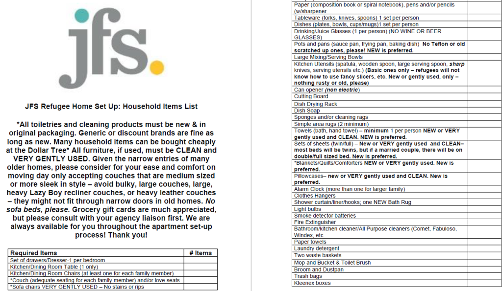 The first half of the household items list required by JFS for all setups.